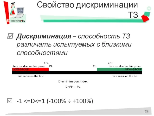 Свойство дискриминации ТЗ Дискриминация – способность ТЗ различать испытуемых с близкими способностями -1