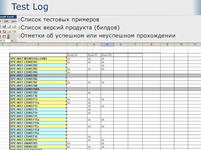 Test Log Список тестовых примеров Список версий продукта (билдов) Отметки об успешном или неуспешном прохождении