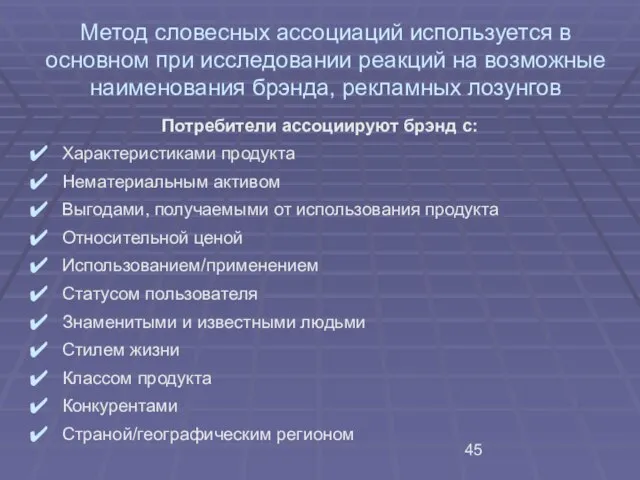 Метод словесных ассоциаций используется в основном при исследовании реакций на возможные наименования