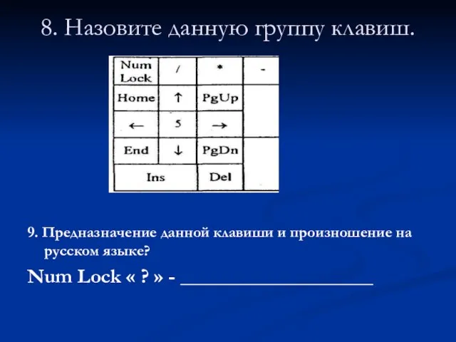 8. Назовите данную группу клавиш. 9. Предназначение данной клавиши и произношение на