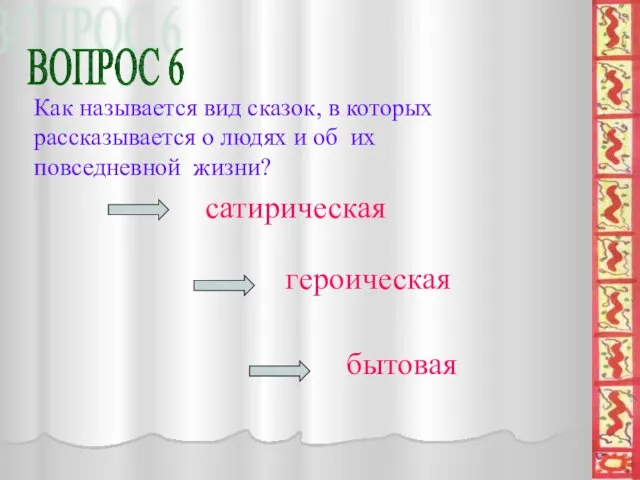 ВОПРОС 6 Как называется вид сказок, в которых рассказывается о людях и