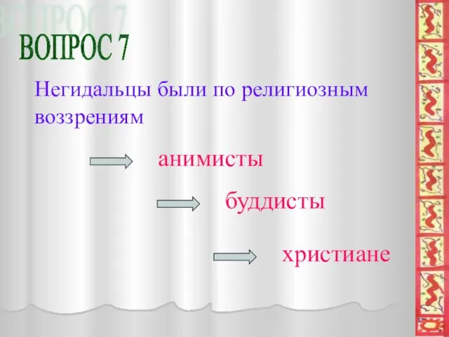 ВОПРОС 7 Негидальцы были по религиозным воззрениям анимисты буддисты христиане