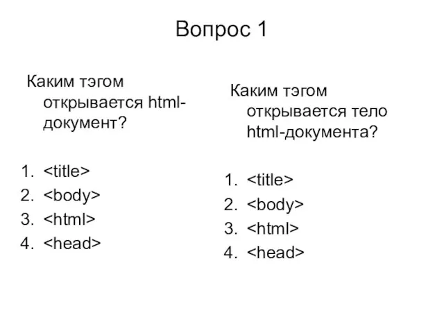 Вопрос 1 Каким тэгом открывается html-документ? Каким тэгом открывается тело html-документа?