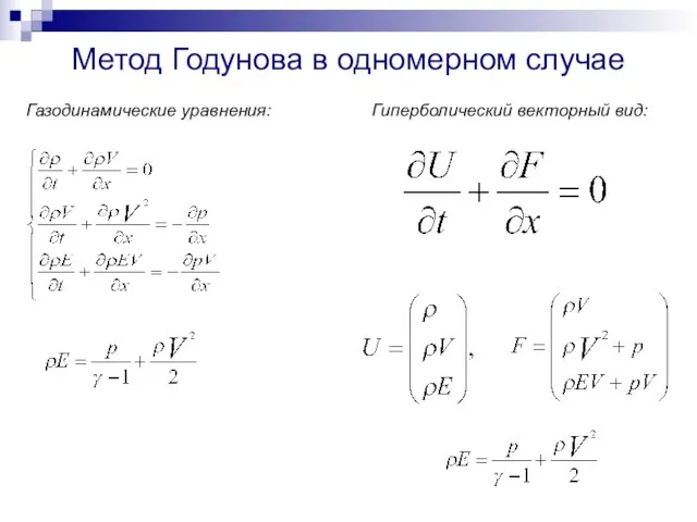 Метод Годунова в одномерном случае Гиперболический векторный вид: Газодинамические уравнения: