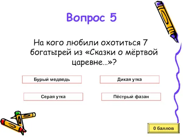 На кого любили охотиться 7 богатырей из «Сказки о мёртвой царевне…»? 0