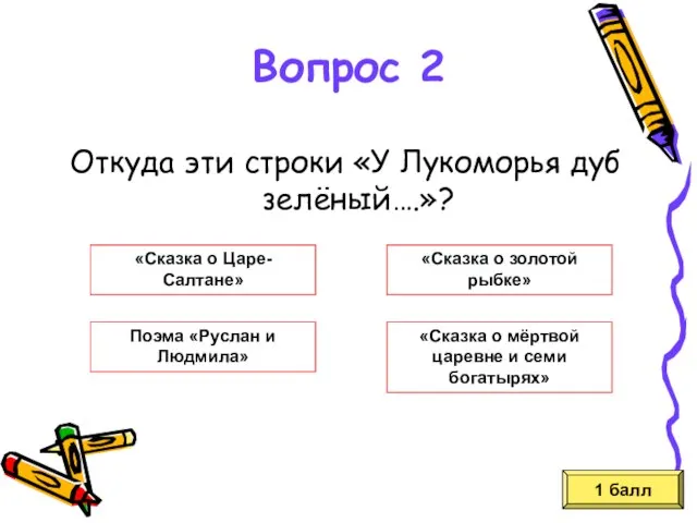 Откуда эти строки «У Лукоморья дуб зелёный….»? 1 балл «Сказка о Царе-Салтане»