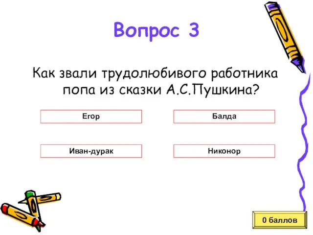 Как звали трудолюбивого работника попа из сказки А.С.Пушкина? 0 баллов Егор Балда Иван-дурак Никонор Вопрос 3