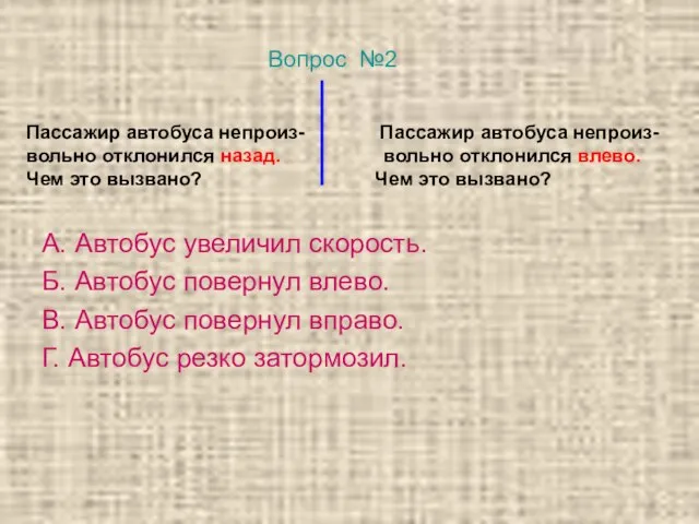 Пассажир автобуса непроиз- Пассажир автобуса непроиз- вольно отклонился назад. вольно отклонился влево.