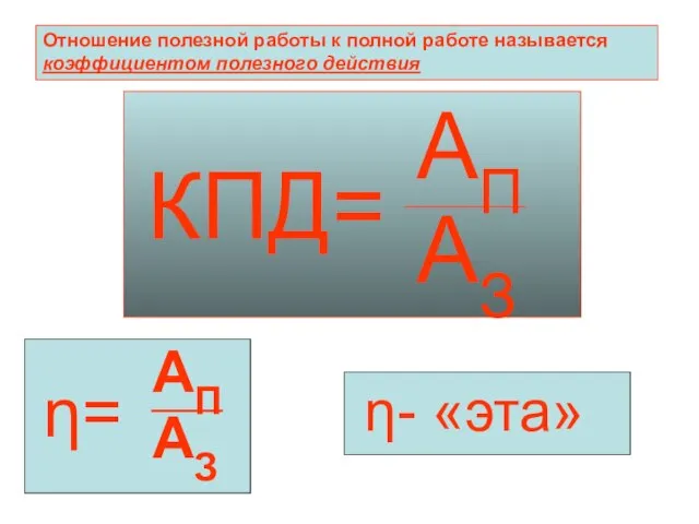 Отношение полезной работы к полной работе называется коэффициентом полезного действия КПД= АП