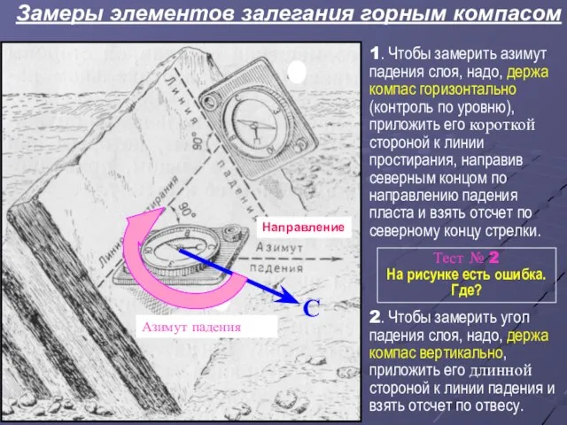 Замеры элементов залегания горным компасом 1. Чтобы замерить азимут падения слоя, надо,