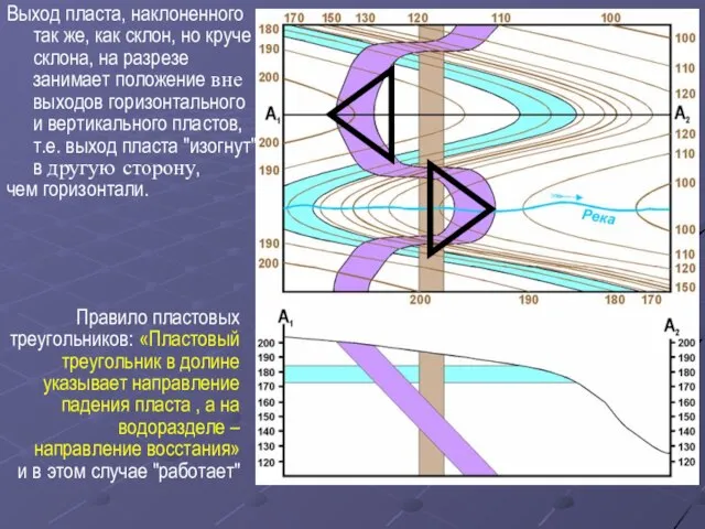 Выход пласта, наклоненного так же, как склон, но круче склона, на разрезе