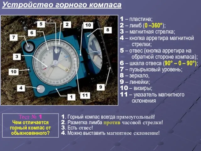 Устройство горного компаса Тест № 1 Чем отличается горный компас от обыкновенного?