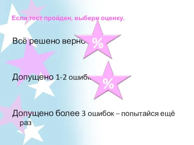 Если тест пройден, выбери оценку. Всё решено верно Допущено 1-2 ошибки Допущено