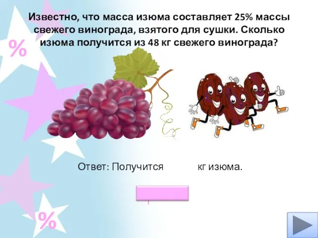 Известно, что масса изюма составляет 25% массы свежего винограда, взятого для сушки.