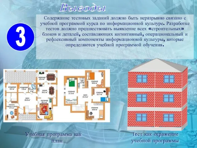 Выводы Содержание тестовых заданий должно быть неразрывно связано с учебной программой курса