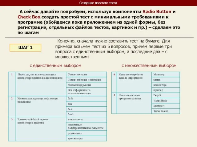 Создание простого теста А сейчас давайте попробуем, используя компоненты Radio Button и