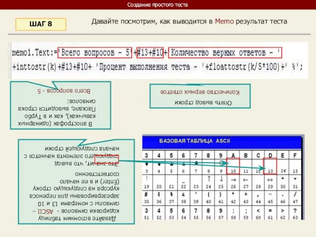 Давайте посмотрим, как выводится в Memo результат теста ШАГ 8 В апострофах