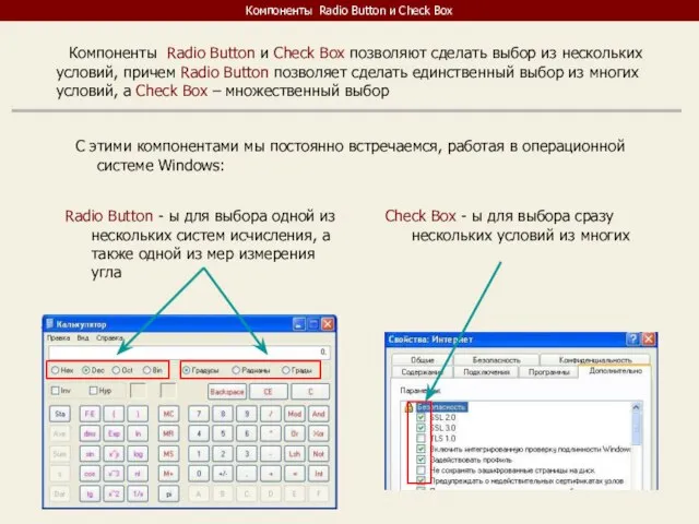 Компоненты Radio Button и Check Box Компоненты Radio Button и Check Box