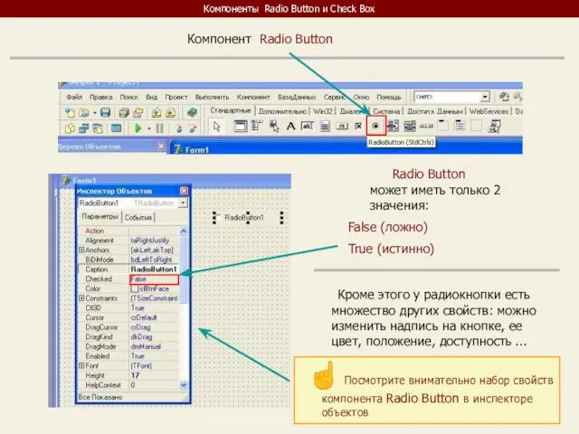 Компоненты Radio Button и Check Box Компонент Radio Button Radio Button может