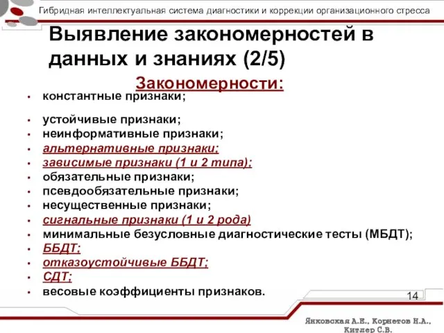 константные признаки; устойчивые признаки; неинформативные признаки; альтернативные признаки; зависимые признаки (1 и