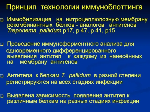 Принцип технологии иммуноблоттинга Иммобилизация на нитроцеллюлозную мембрану рекомбинантных белков - аналогов антигенов