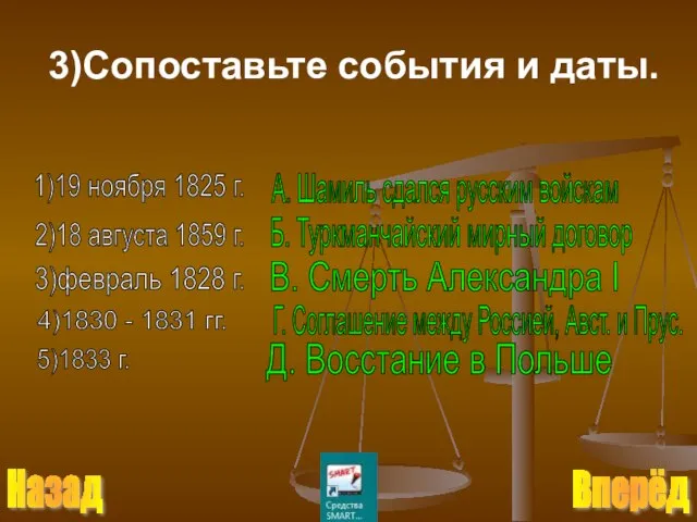 3)Сопоставьте события и даты. 1)19 ноября 1825 г. 2)18 августа 1859 г.