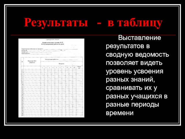 Результаты - в таблицу Выставление результатов в сводную ведомость позволяет видеть уровень