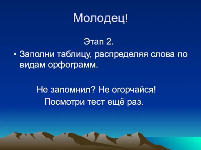 Молодец! Этап 2. Заполни таблицу, распределяя слова по видам орфограмм. Не запомнил?