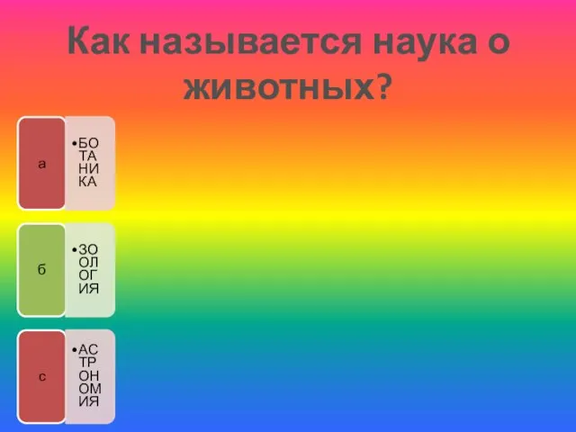 Как называется наука о животных? а БОТАНИКА б ЗООЛОГИЯ с АСТРОНОМИЯ