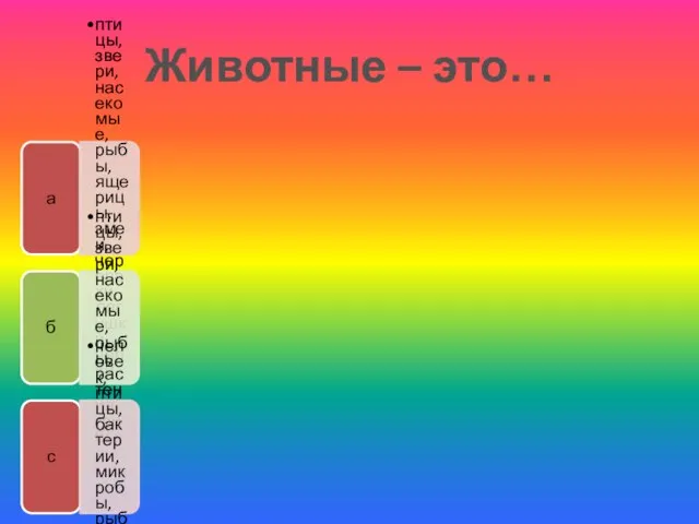 Животные – это… а птицы, звери, насекомые, рыбы, ящерицы, змеи, черепахи, лягушки,