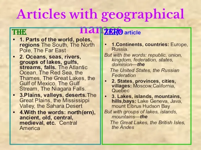 Articles with geographical names THE 1. Parts of the world, poles, regions