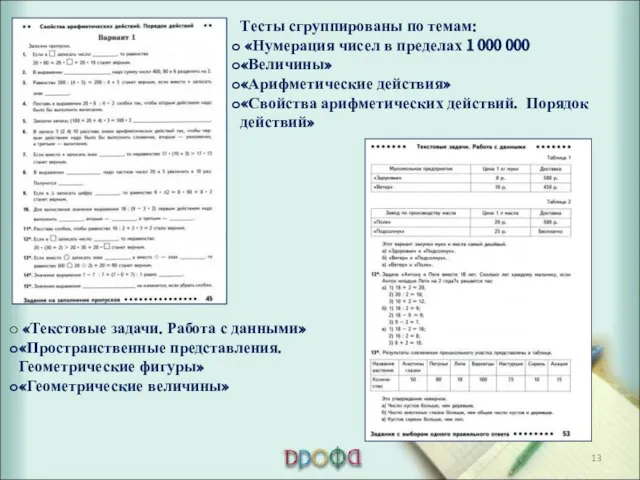 Тесты сгруппированы по темам: «Нумерация чисел в пределах 1 000 000 «Величины»