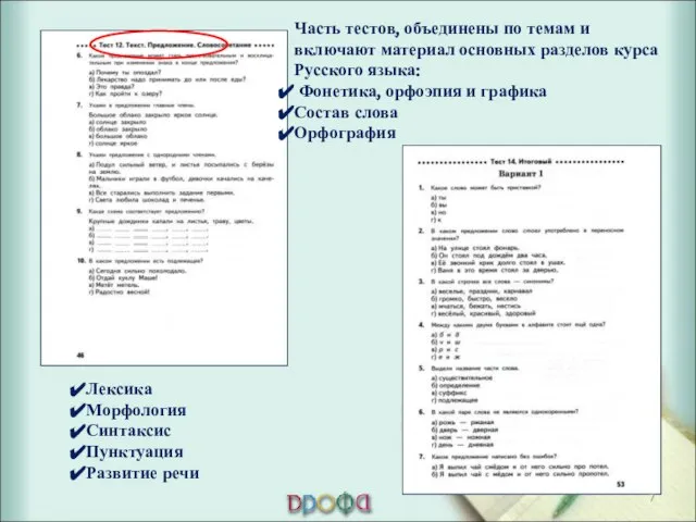 Часть тестов, объединены по темам и включают материал основных разделов курса Русского