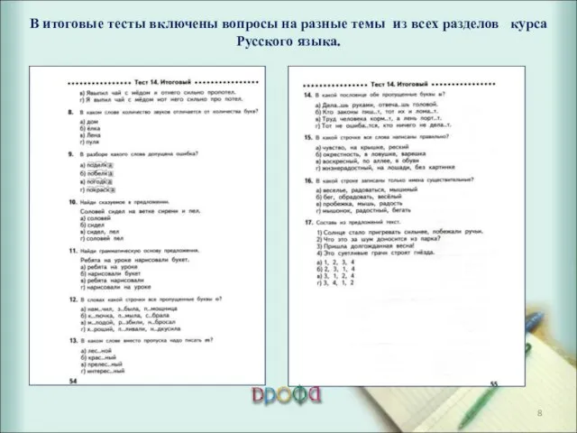 В итоговые тесты включены вопросы на разные темы из всех разделов курса Русского языка.