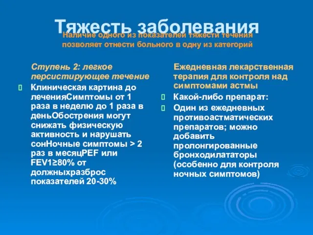 Тяжесть заболевания Ступень 2: легкое персистирующее течение Клиническая картина до леченияСимптомы от