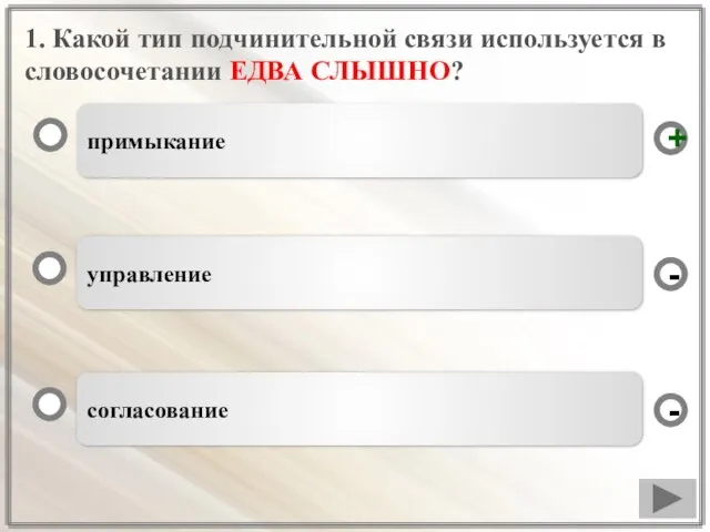 1. Какой тип подчинительной связи используется в словосочетании ЕДВА СЛЫШНО? примыкание управление согласование - - +