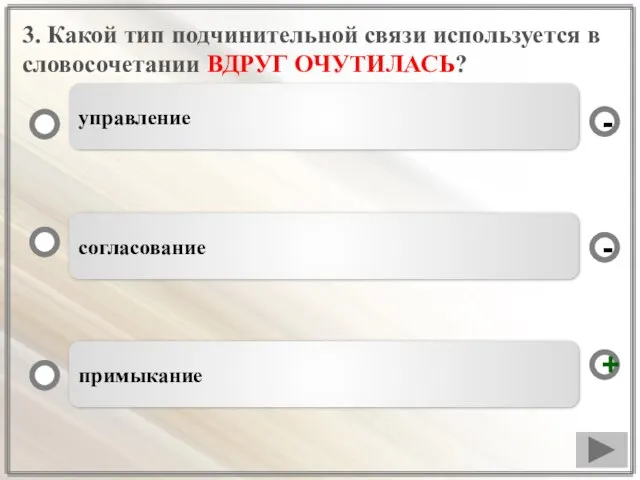 3. Какой тип подчинительной связи используется в словосочетании ВДРУГ ОЧУТИЛАСЬ? примыкание согласование управление - + -