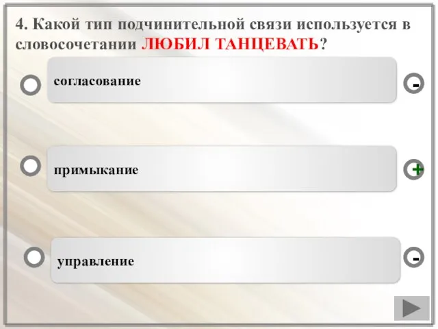 4. Какой тип подчинительной связи используется в словосочетании ЛЮБИЛ ТАНЦЕВАТЬ? примыкание управление согласование - + -