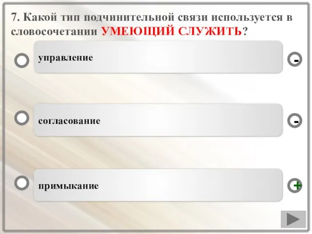 7. Какой тип подчинительной связи используется в словосочетании УМЕЮЩИЙ СЛУЖИТЬ? примыкание согласование управление - + -