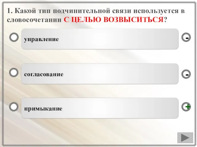 1. Какой тип подчинительной связи используется в словосочетании С ЦЕЛЬЮ ВОЗВЫСИТЬСЯ? управление