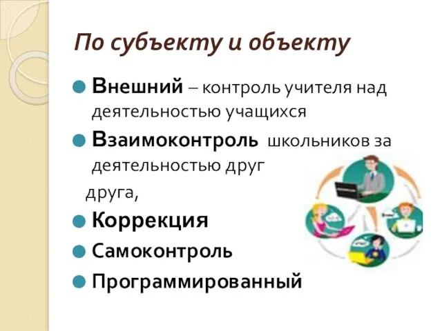 По субъекту и объекту Внешний – контроль учителя над деятельностью учащихся Взаимоконтроль