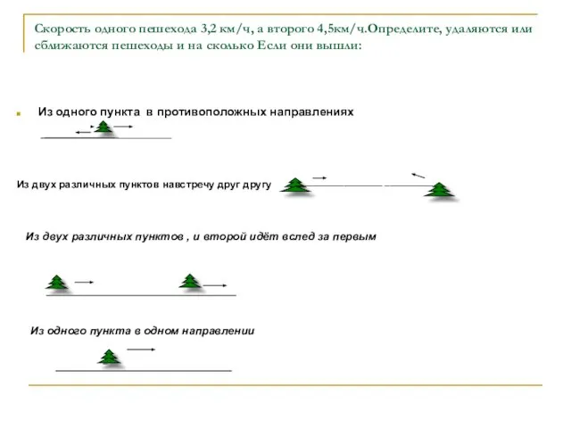 Скорость одного пешехода 3,2 км/ч, а второго 4,5км/ч.Определите, удаляются или сближаются пешеходы