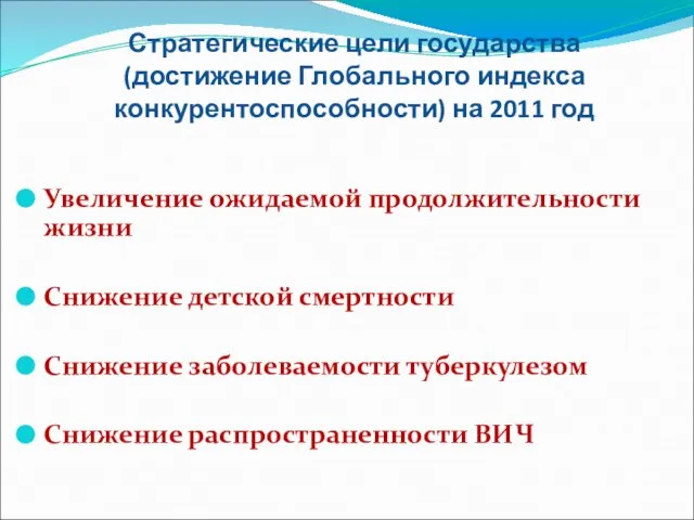 Стратегические цели государства (достижение Глобального индекса конкурентоспособности) на 2011 год Увеличение ожидаемой