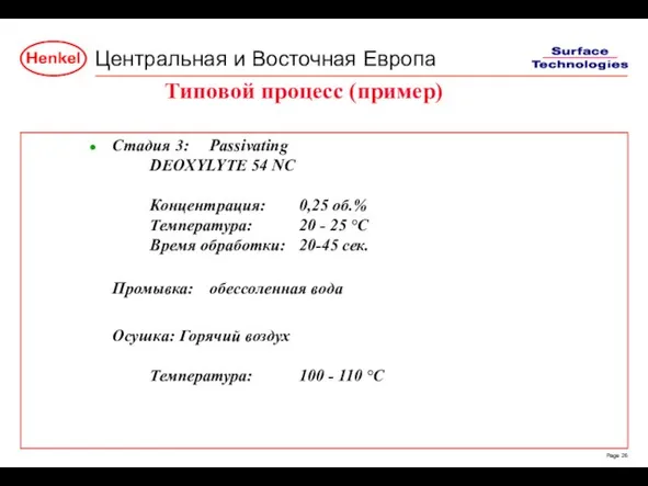 Стадия 3: Passivating DEOXYLYTE 54 NC Концентрация: 0,25 об.% Температура: 20 -