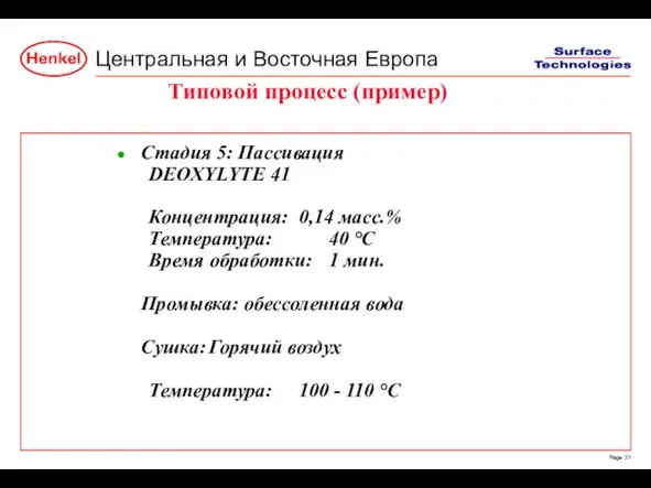 Стадия 5: Пассивация DEOXYLYTE 41 Концентрация: 0,14 масс.% Температура: 40 °C Время