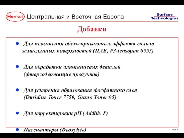 Добавки Для повышения обезжиривающего эффекта сильно замаслянных поверхностей (ПАВ, P3-tensopon 0555) Для