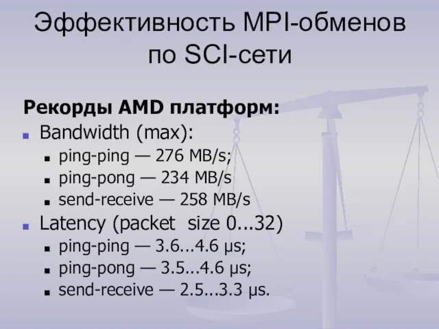 Эффективность MPI-обменов по SCI-сети Рекорды AMD платформ: Bandwidth (max): ping-ping — 276