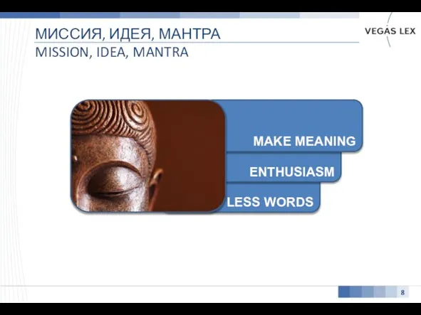 LESS WORDS ENTHUSIASM МИССИЯ, ИДЕЯ, МАНТРА MISSION, IDEA, MANTRA 8 MAKE MEANING