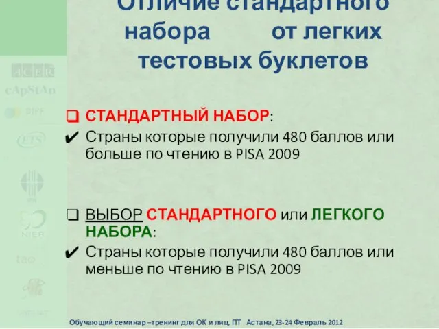 Отличие стандартного набора от легких тестовых буклетов СТАНДАРТНЫЙ НАБОР: Страны которые получили