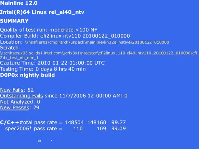 * Mainline 12.0 Intel(R)64 Linux rel_el40_ntv SUMMARY Quality of test run: moderate,